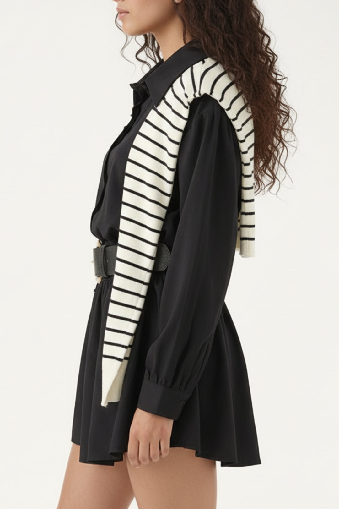 Black Belted White Overlay Shirt Dress
