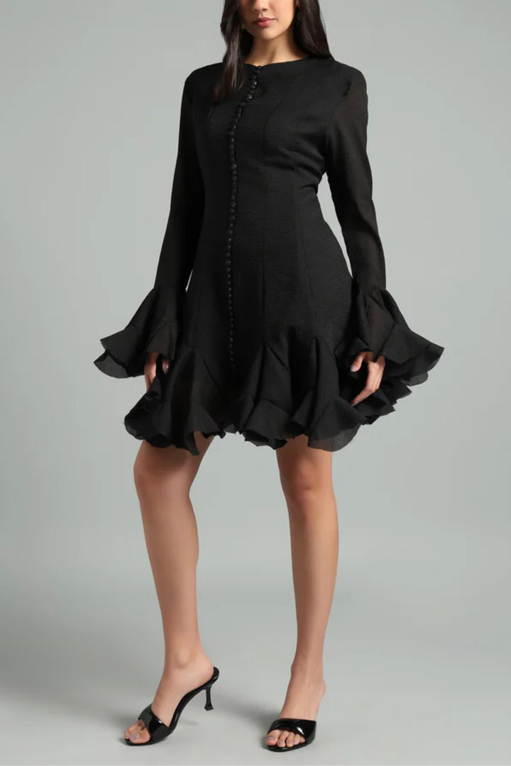Black Godet Ruffled Dress
