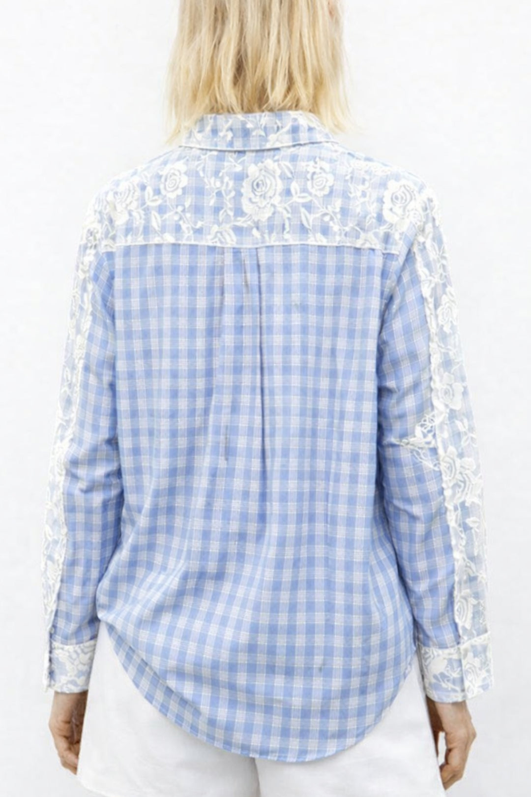 Powder Blue Check Floral Lace Shirt