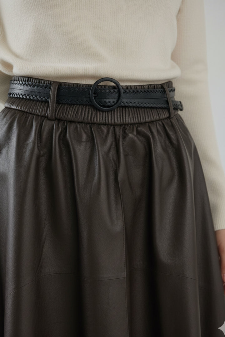 Espresso Belted Faux Leather Skirt