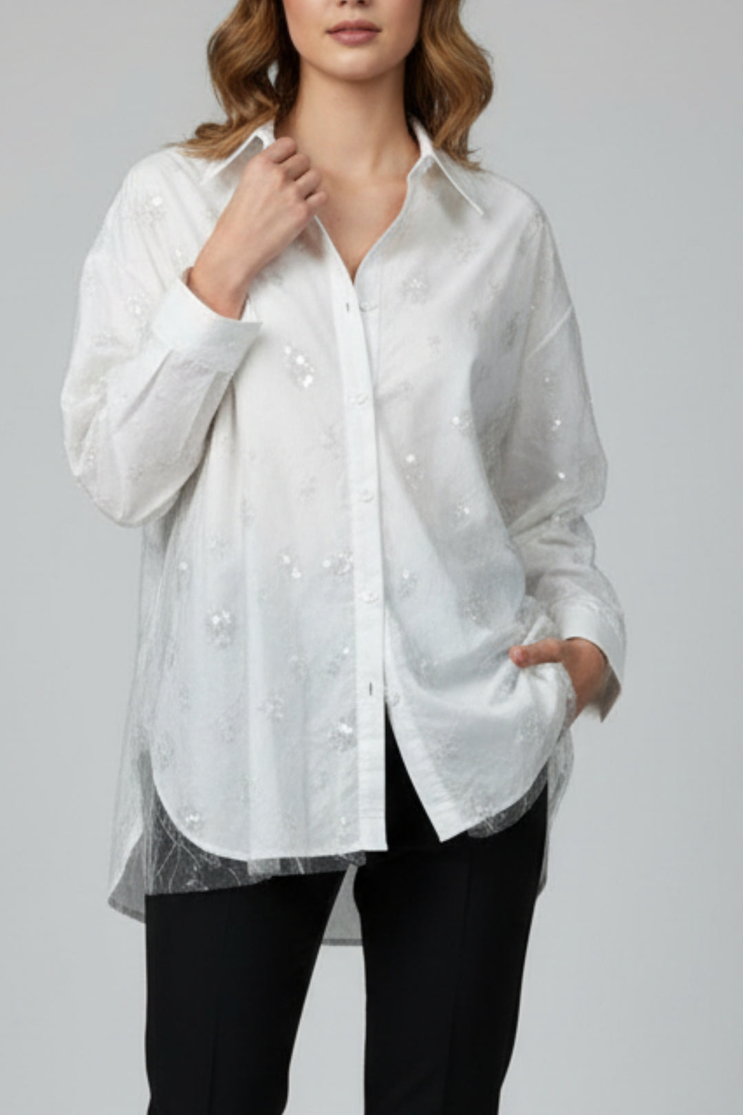 White Mesh Sequin Layered Shirt