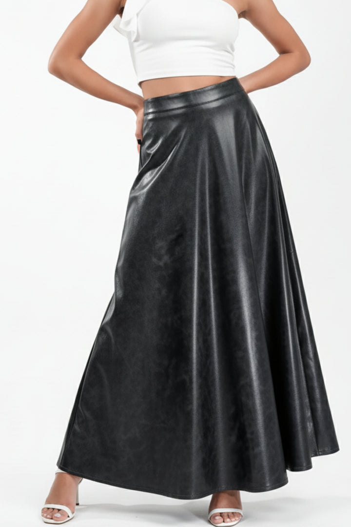 Carbon Black Flared Leather Skirt