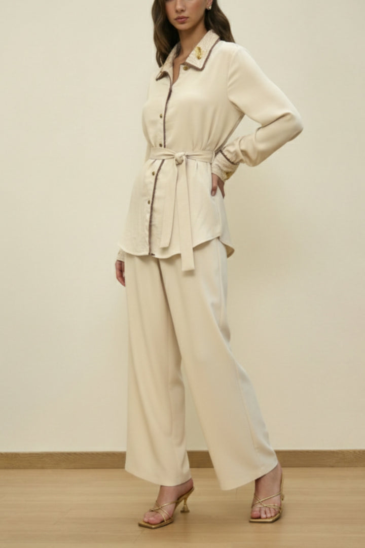 Ivory Embellished Collar Belted Co-ord Set