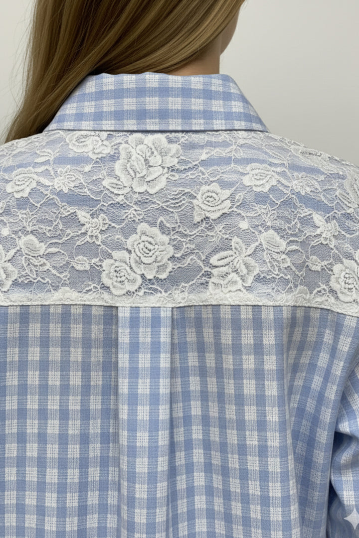 Powder Blue Check Floral Lace Shirt