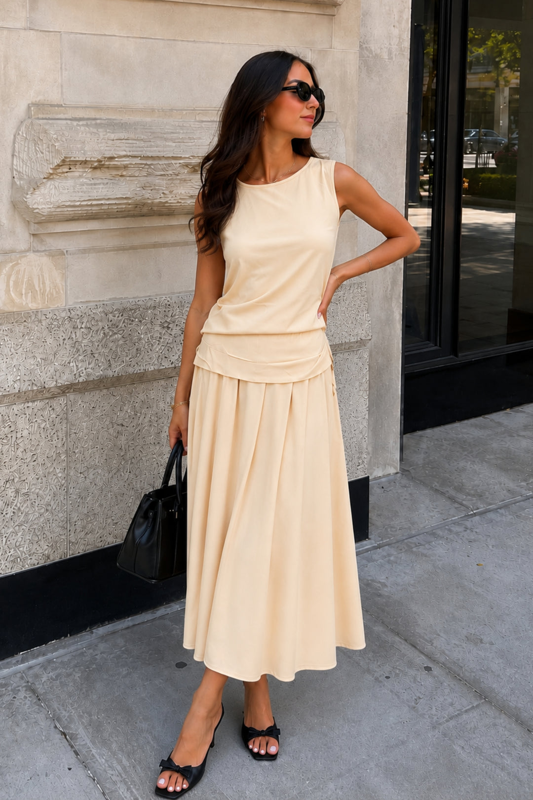 Neck Tie Beige Top & Skirt Coord Set