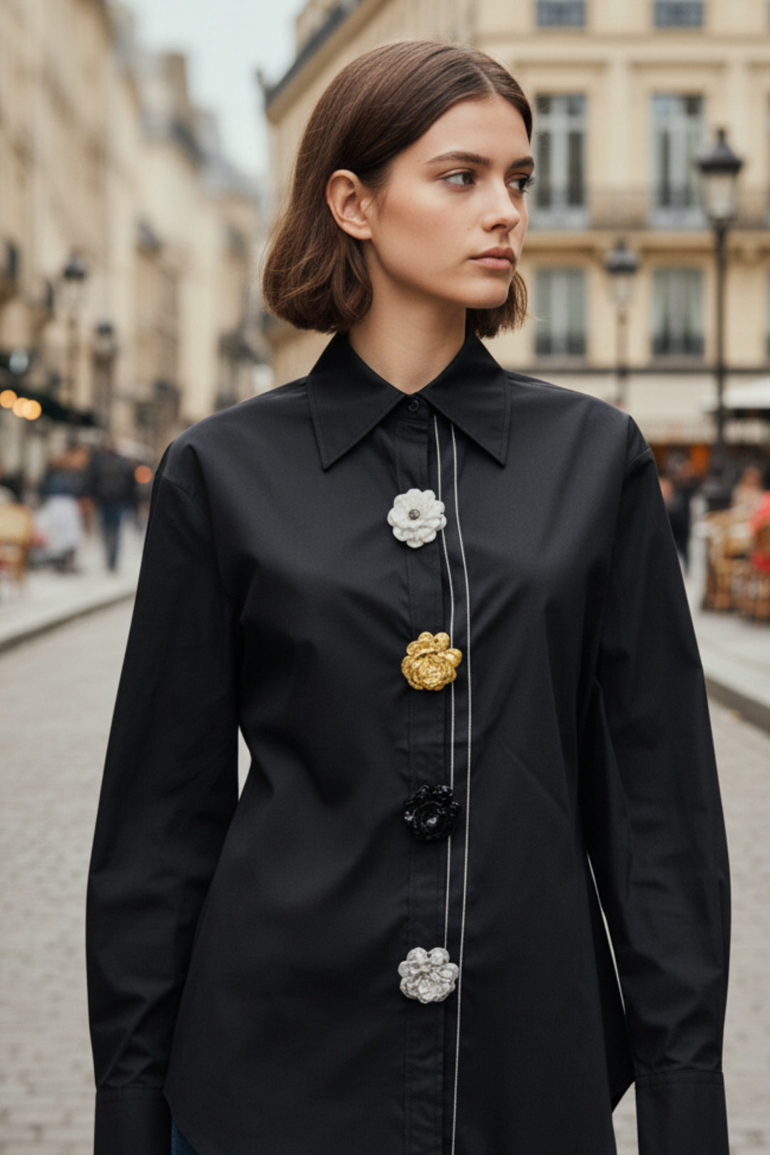 Black Luxe Flower Button Shirt