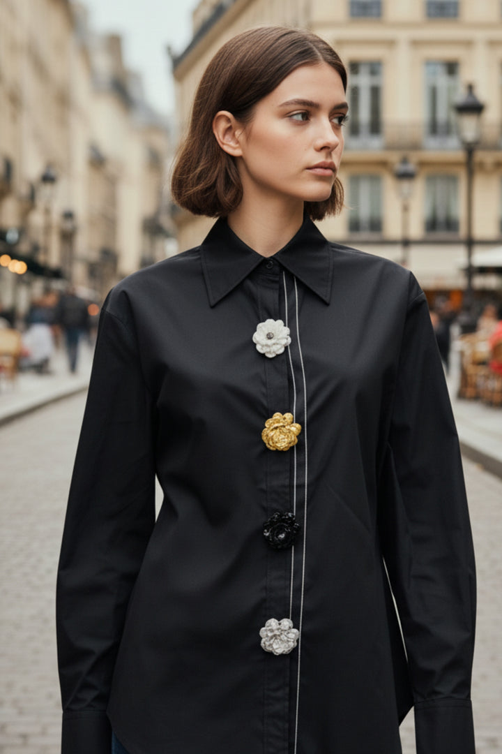 Black Luxe Flower Button Shirt