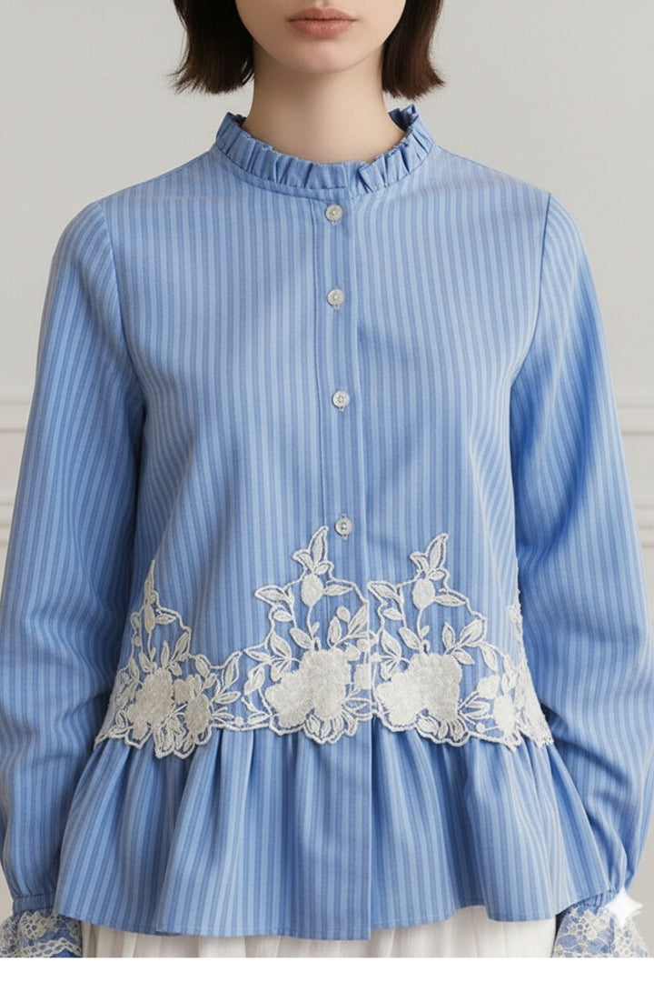 Powder Blue Striped Lace Peplum Shirt