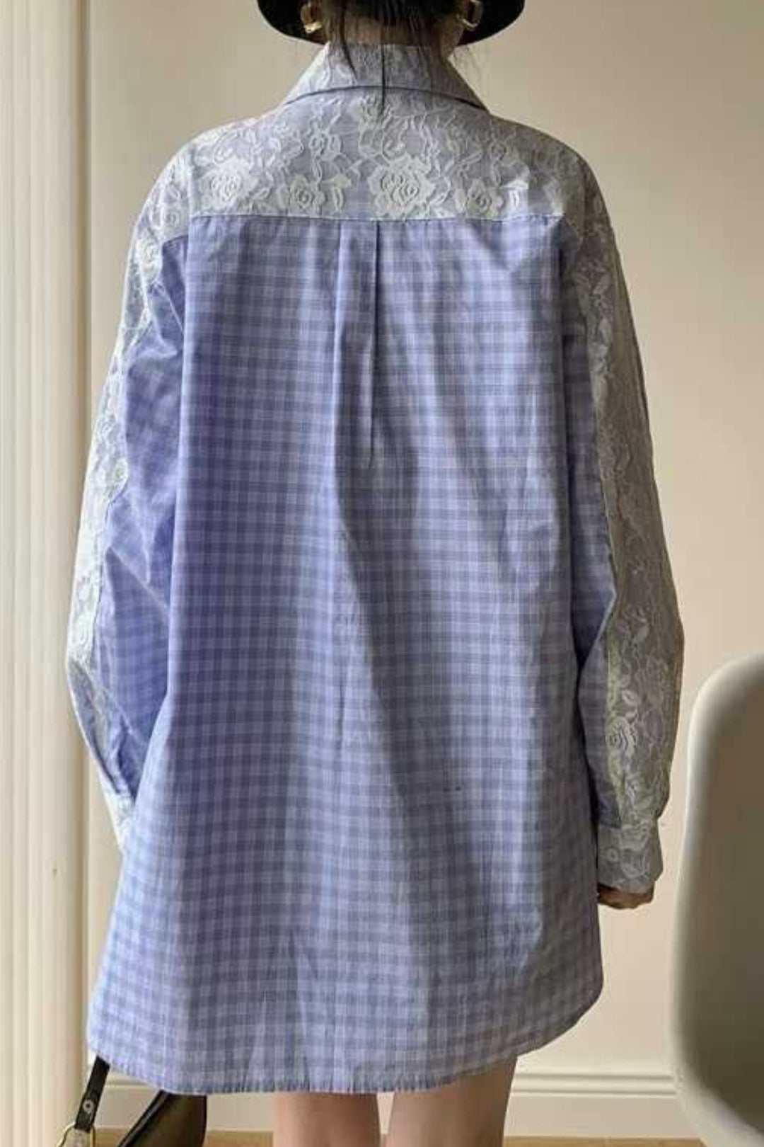 Powder Blue Check Floral Lace Shirt