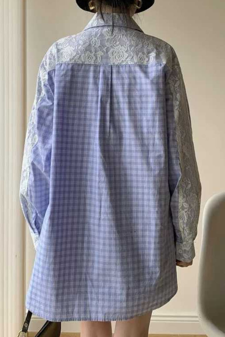 Powder Blue Check Floral Lace Shirt