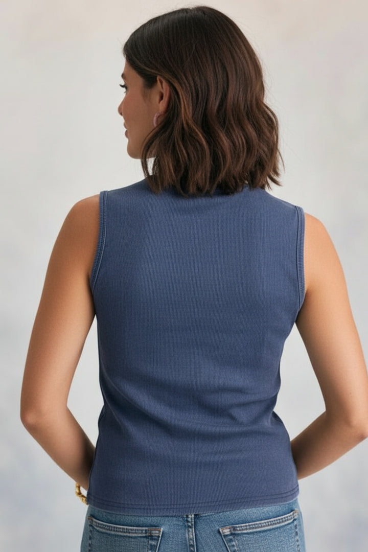 Navy Sleeveless  Top with Gold Accent