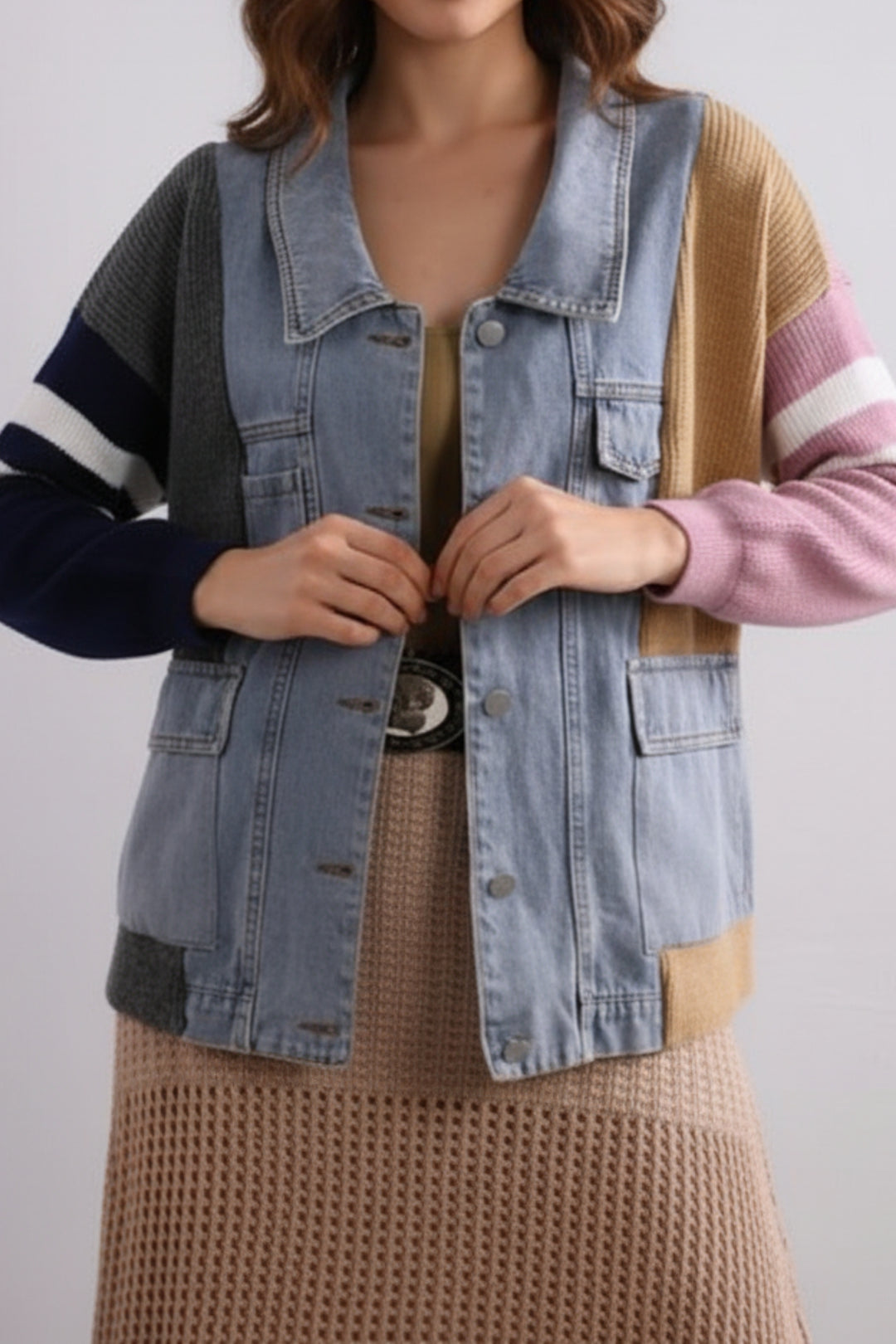 Colorblock Knit Sleeve Denim Shacket