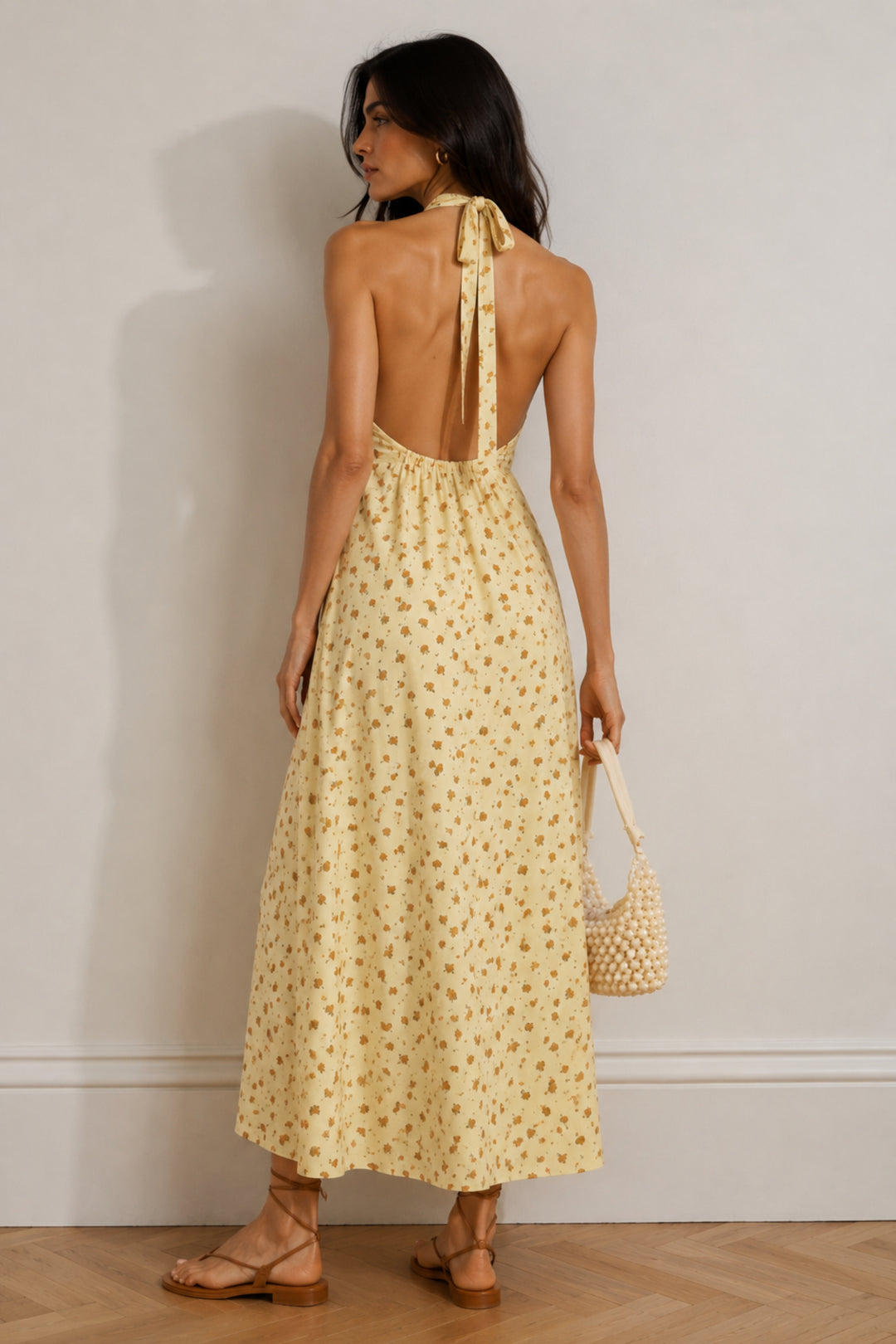 Yellow Floral Halter Neck Maxi Dress