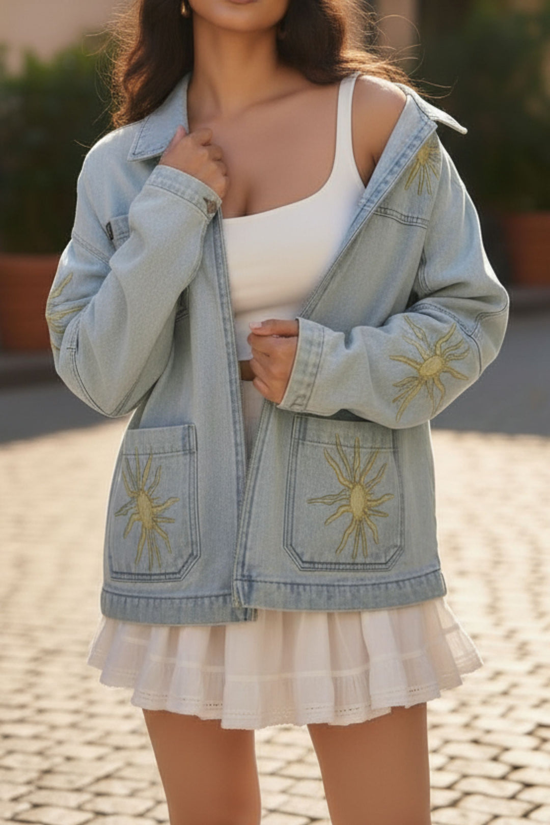Golden Thread Embroidered Denim Shacket