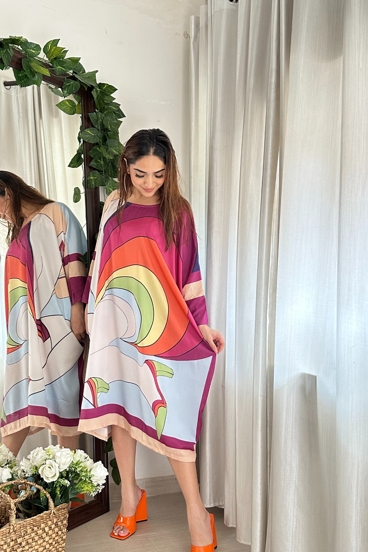 Colorful Rainbow Print Kaftan Dress for Beach Vacations