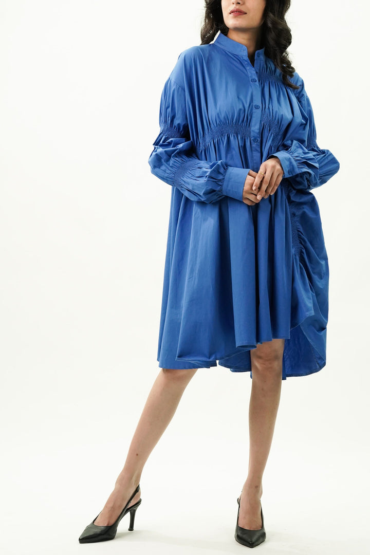 Cobalt blue shirred dress for women vacation wear