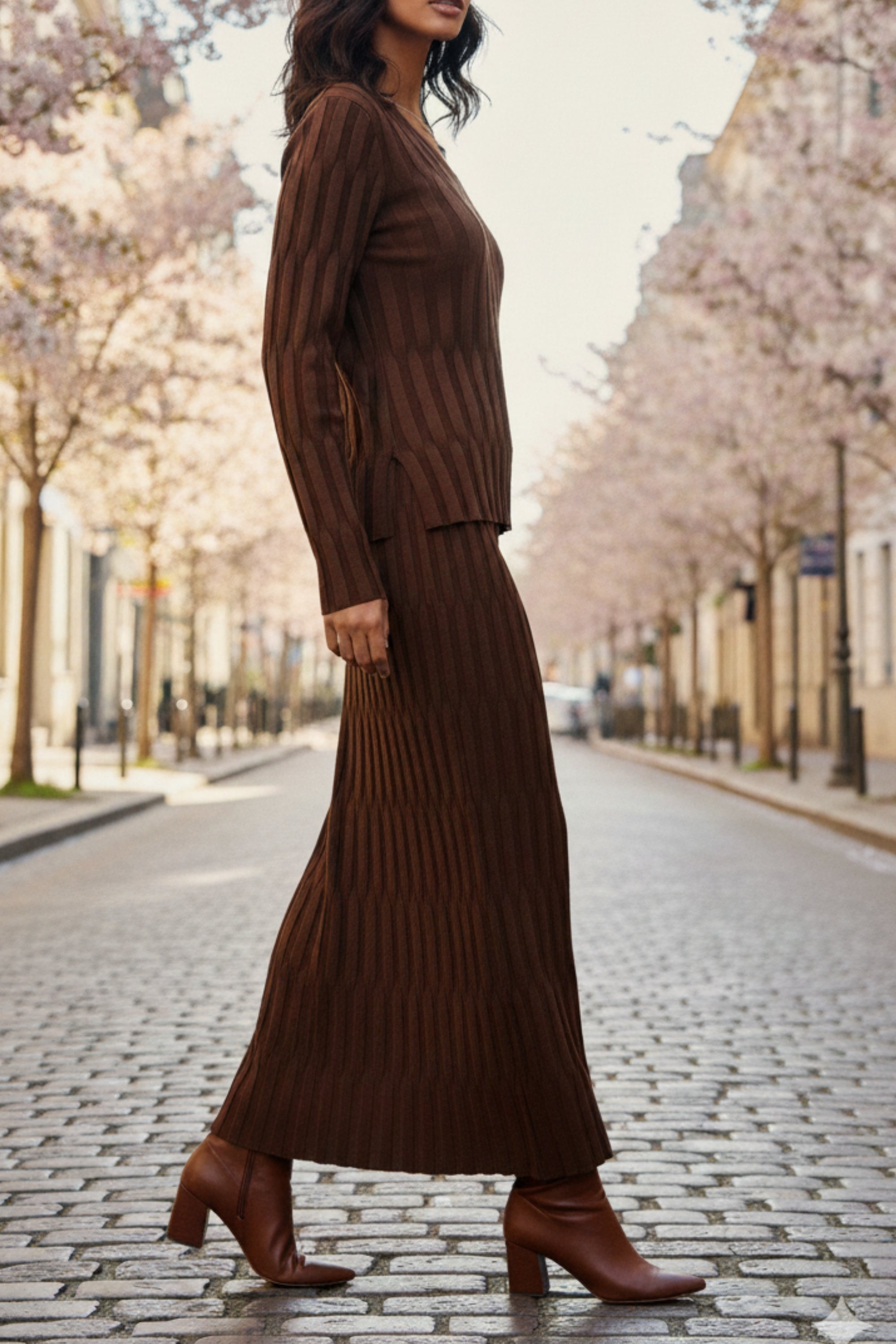 Walnut Wave Knit Skirt Co-ord Set | Elegant Knitwear for Women