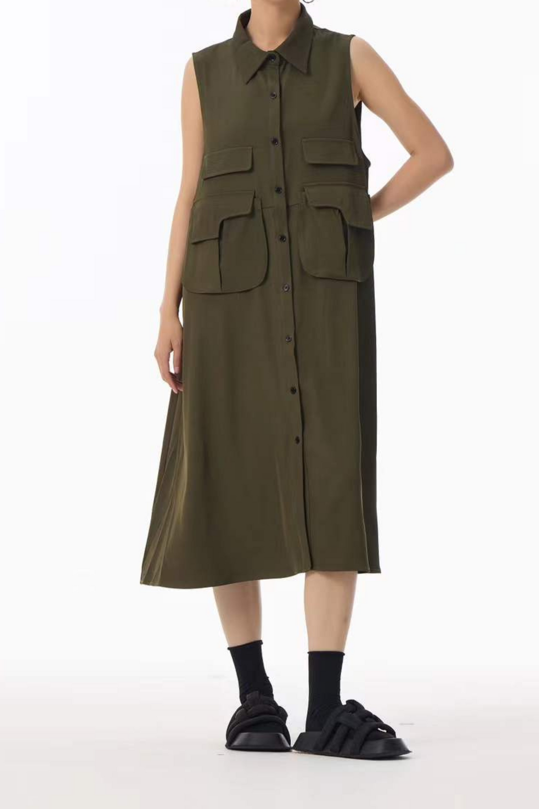 Croc Green Cargo Dress Sleeveless Utility Midi Dress Nolabels Croc Green Cargo Dress Sleeveless Utility Midi Dress Nolabels