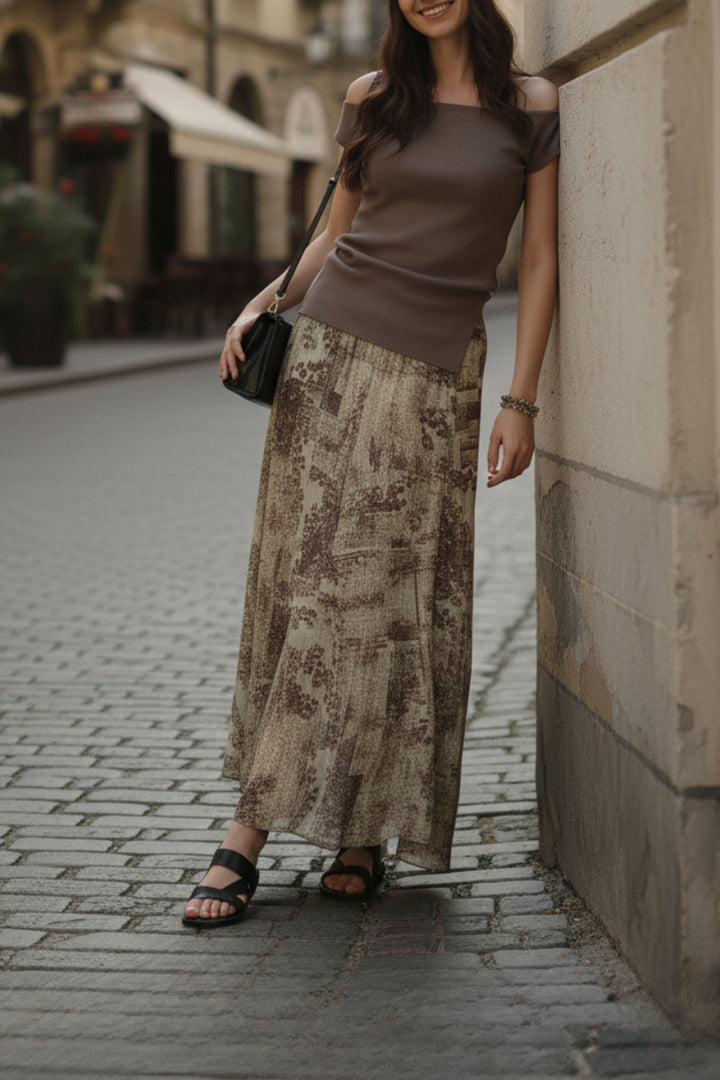 Brown Top & Printed Skirt Coord Set