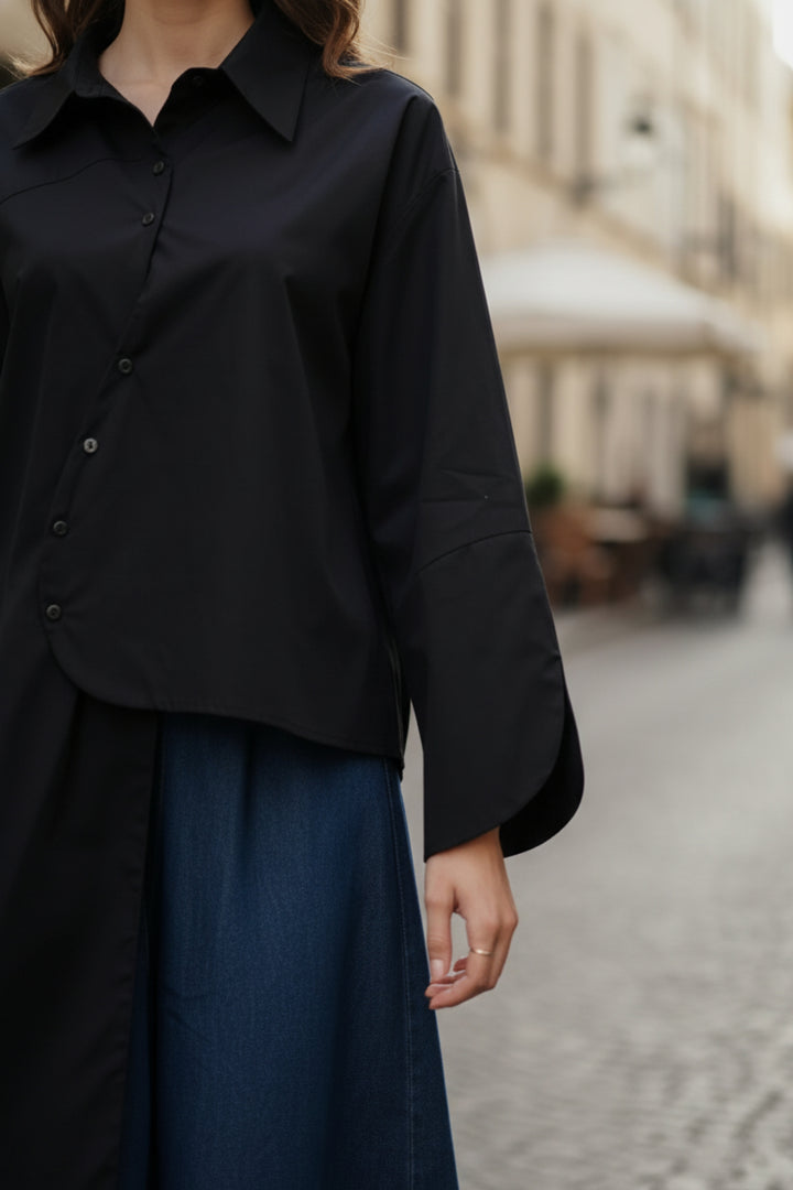 Black Asymmetrical Full-Sleeve Oversized Shirt