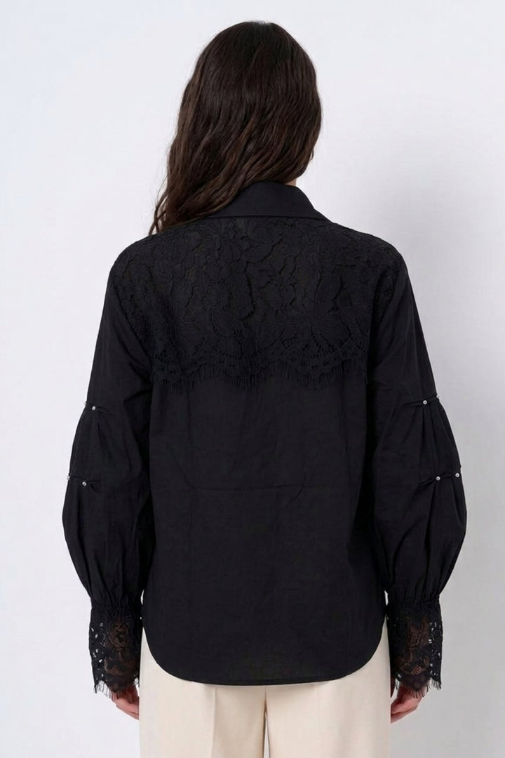 Black Lace Detail Studded Collar Shirt