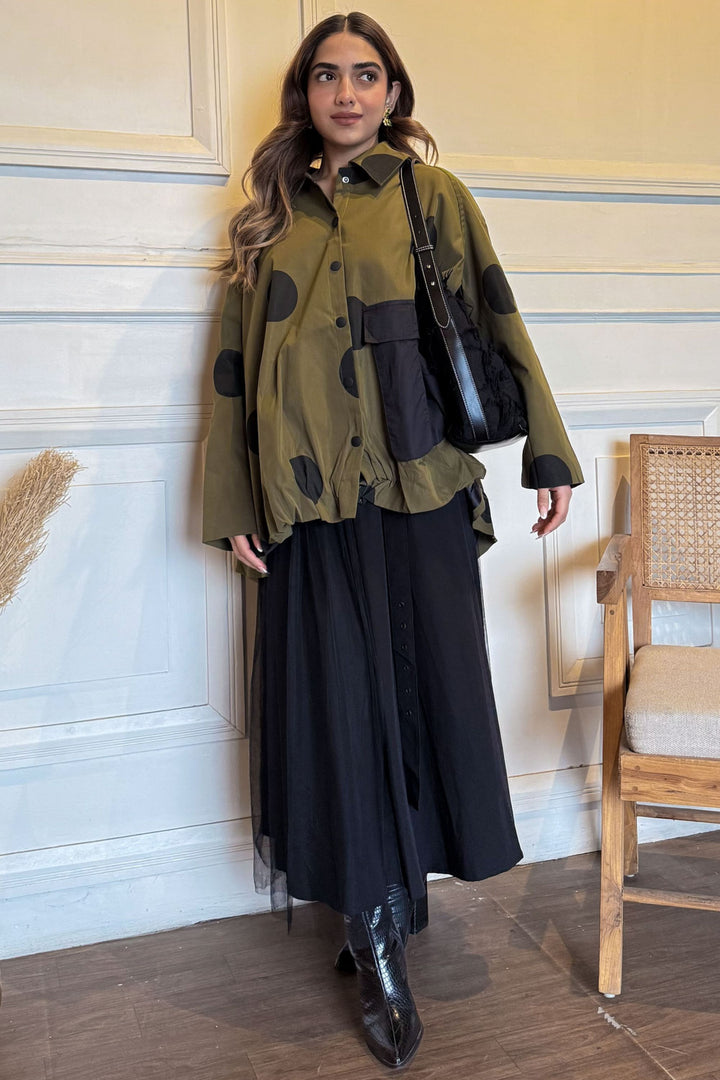 Olive Jacket With Black Polka Dot