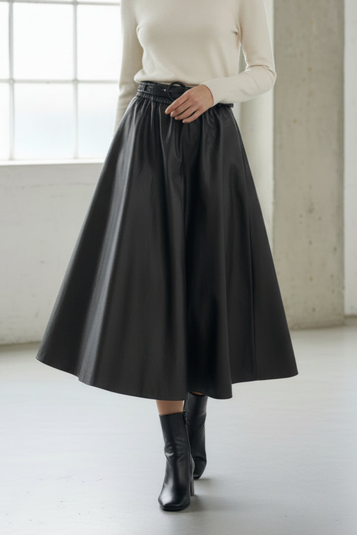 Noir Belted Faux Leather Skirt