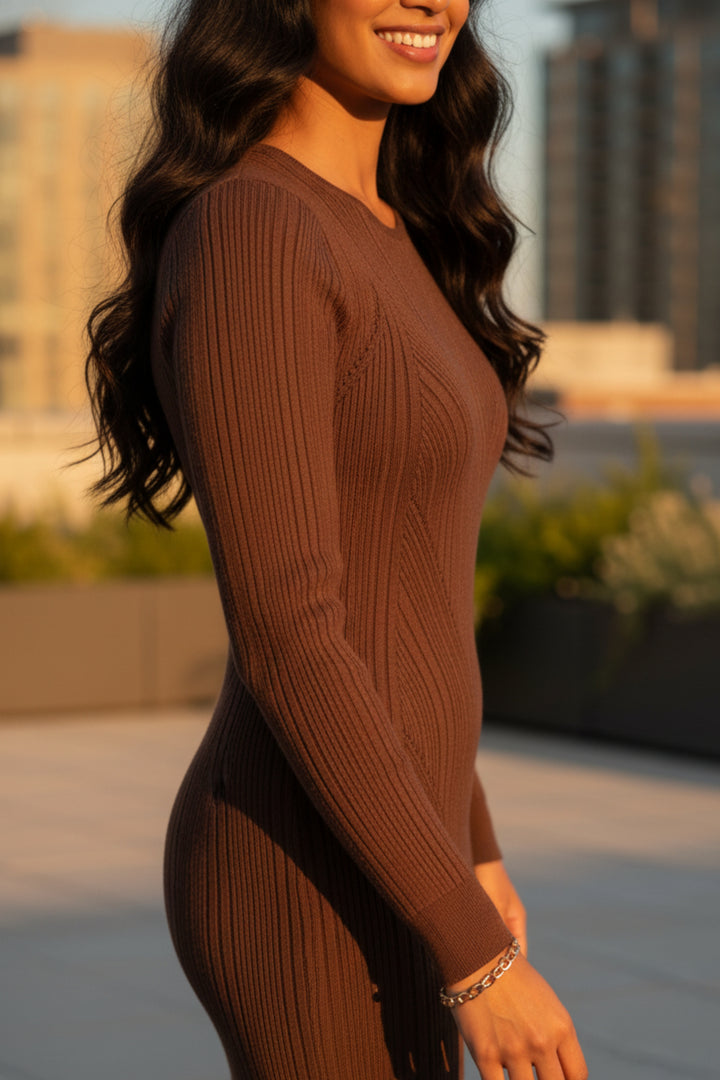 Brown Knit Full Sleeve Maxi Dress