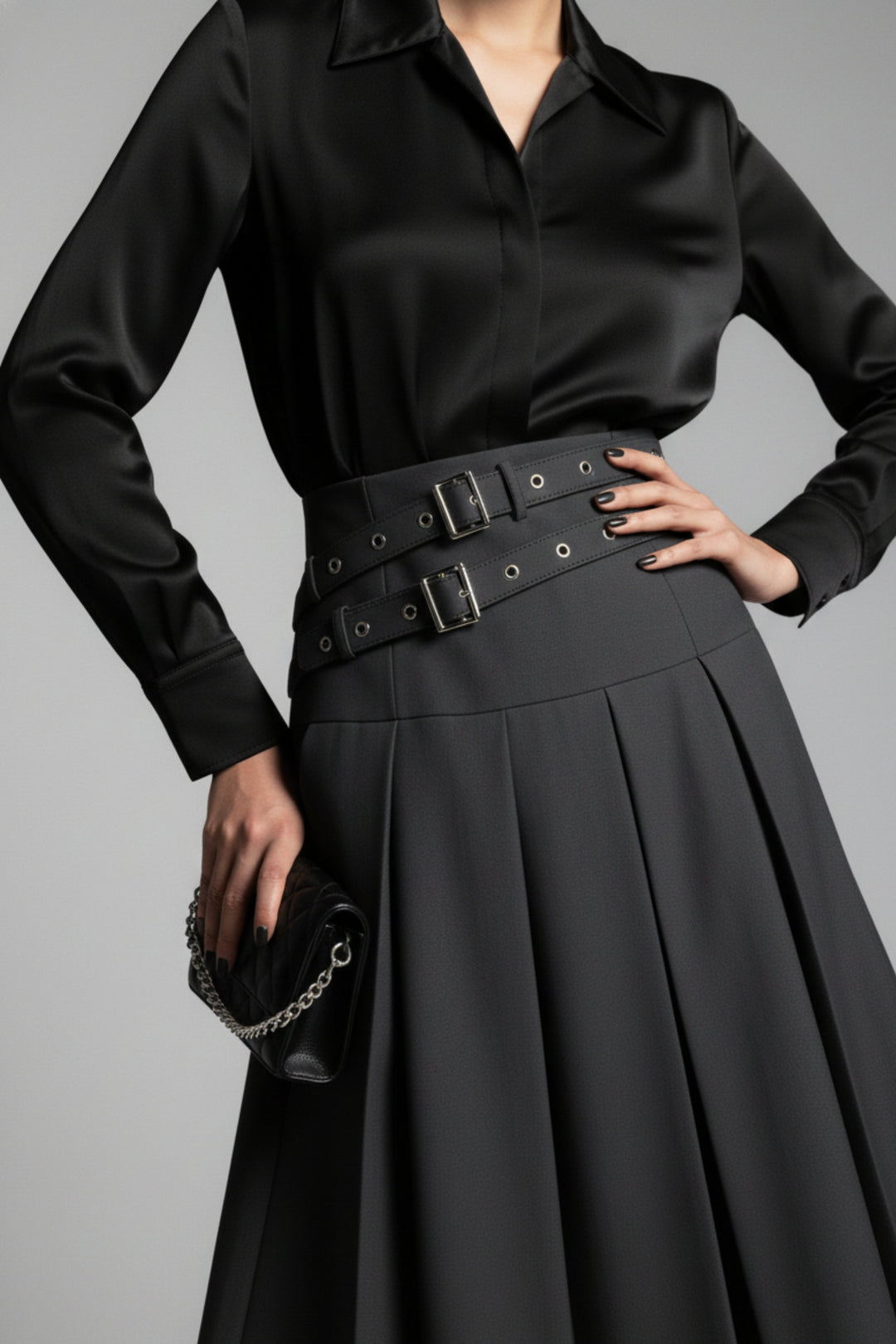 Gray Dual Belt Pleat Skirt