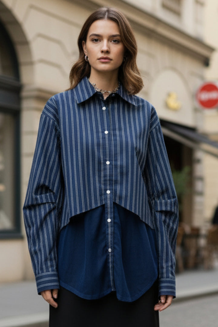 Midnight Blue Sheer Layered Stripe Shirt