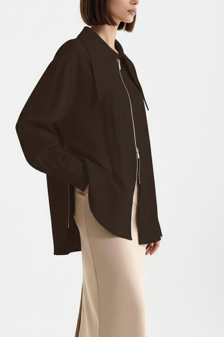 Wide-Lapel Espresso Zip Utility Shirt