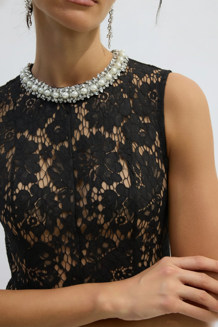 Noir Floral Lace Sleeveless Midi Dress