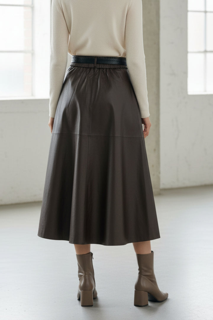 Espresso Belted Faux Leather Skirt
