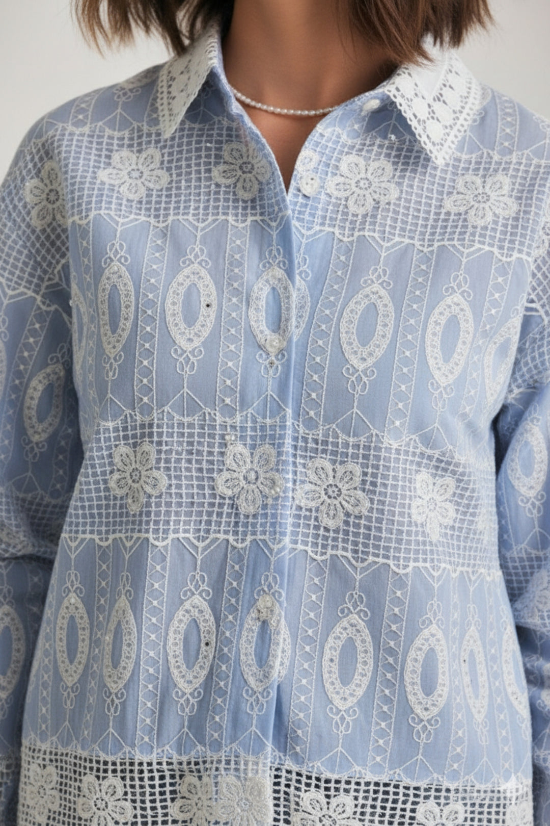 Ice Blue White Embroidered Shirt