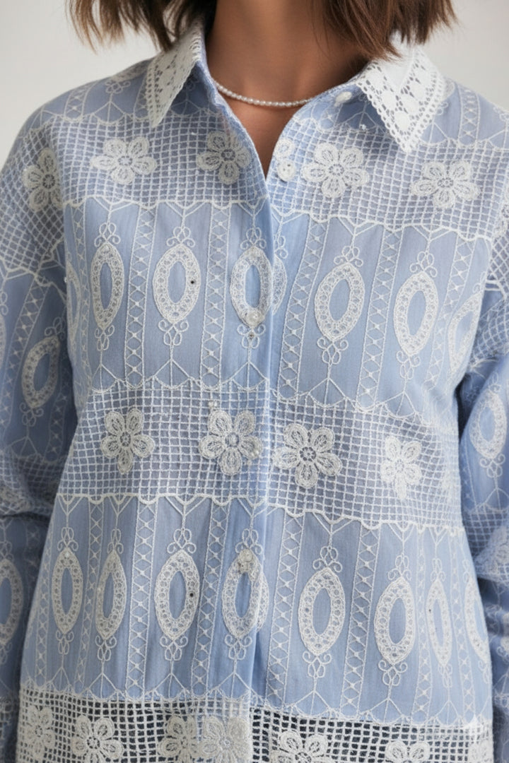 Ice Blue White Embroidered Shirt
