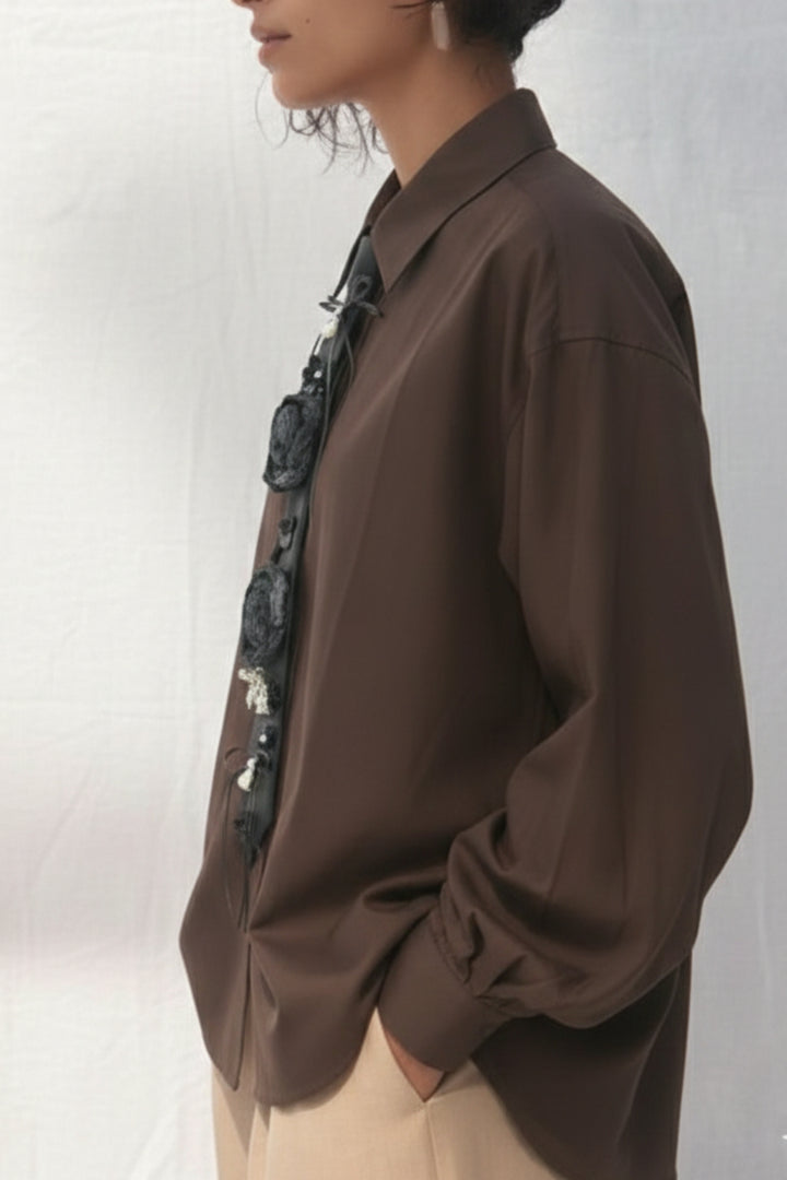 Cocoa Tie-Up Floral Embellished Shirt
