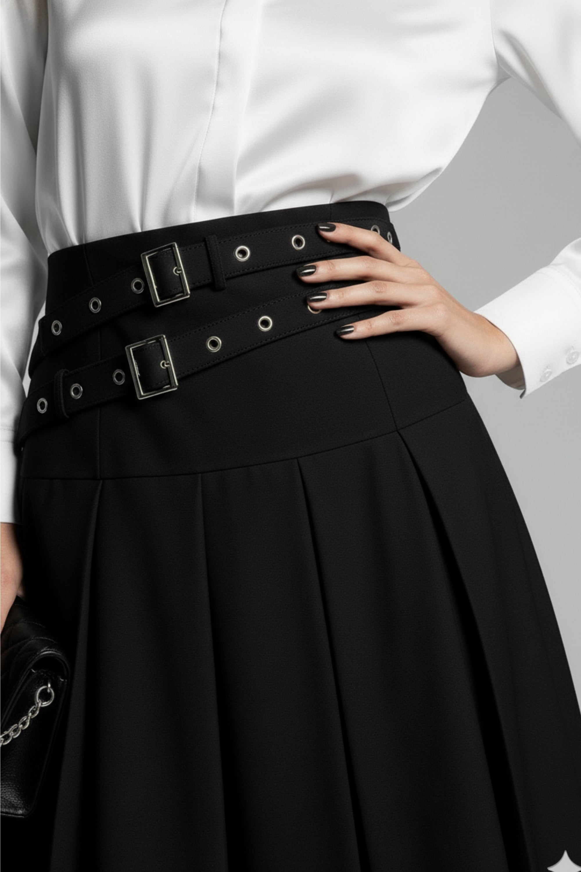 Black Dual Belt Pleat Skirt | Stylish & Trendy Look – Nolabels