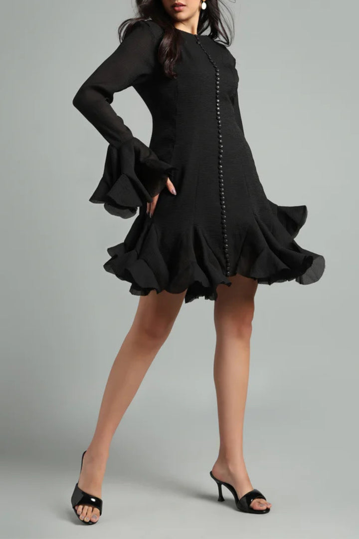 Black Godet Ruffled Dress