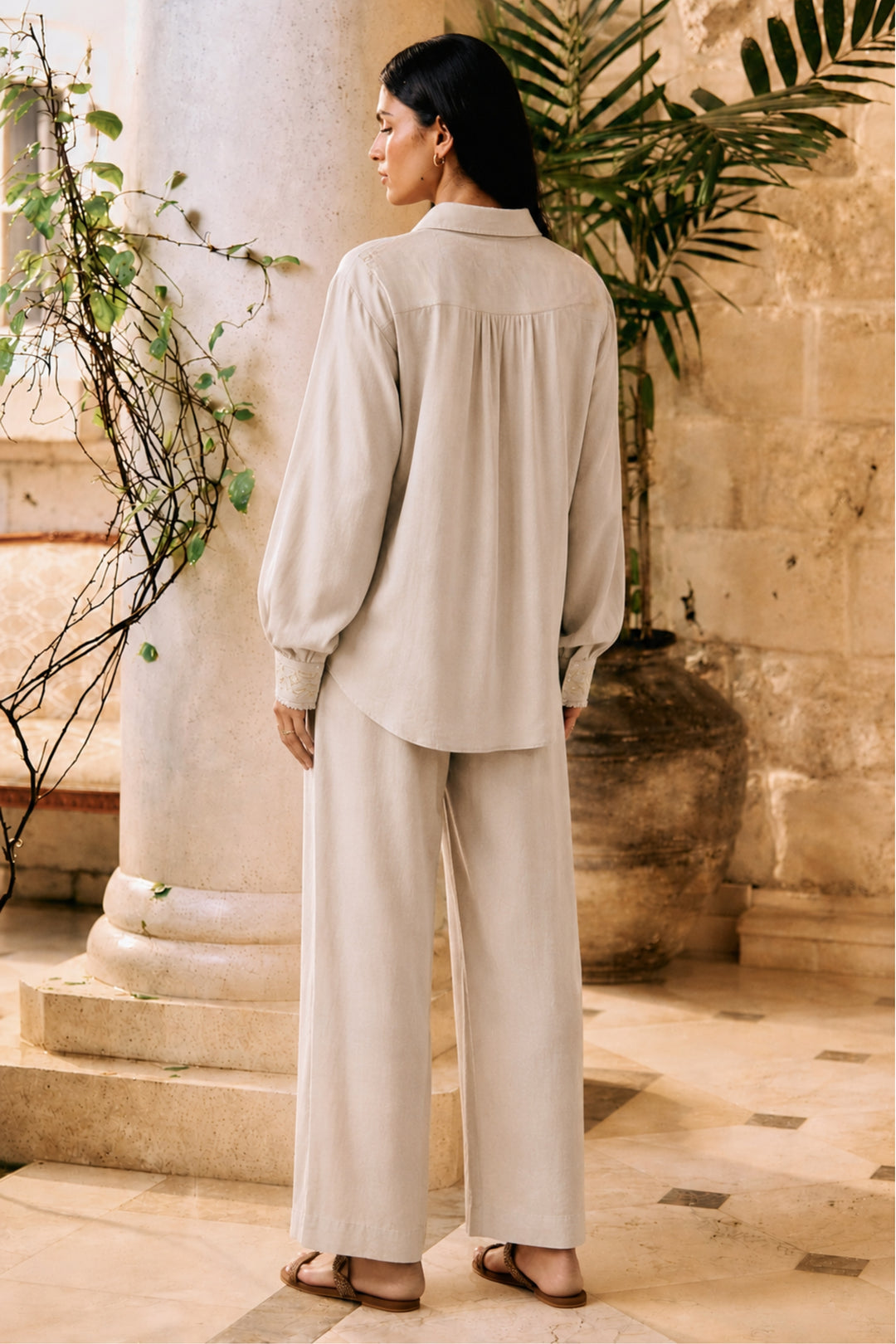 Beige & Gold Embroidered Linen Co-ord Set