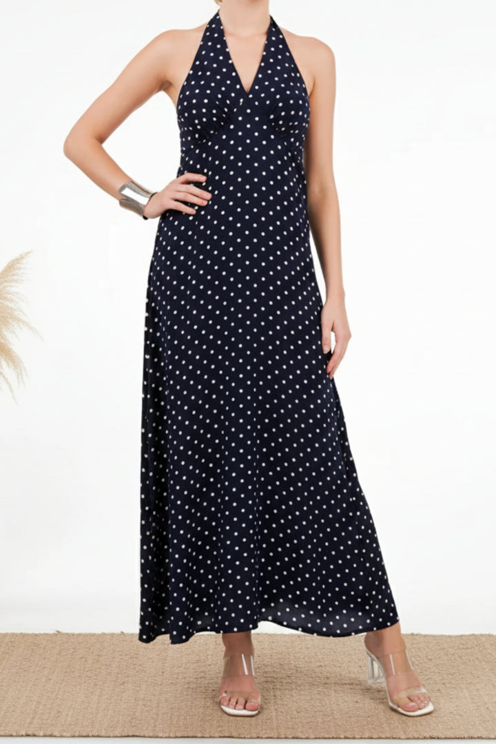 Navy Blue Polka Dot Halter Maxi Dress
