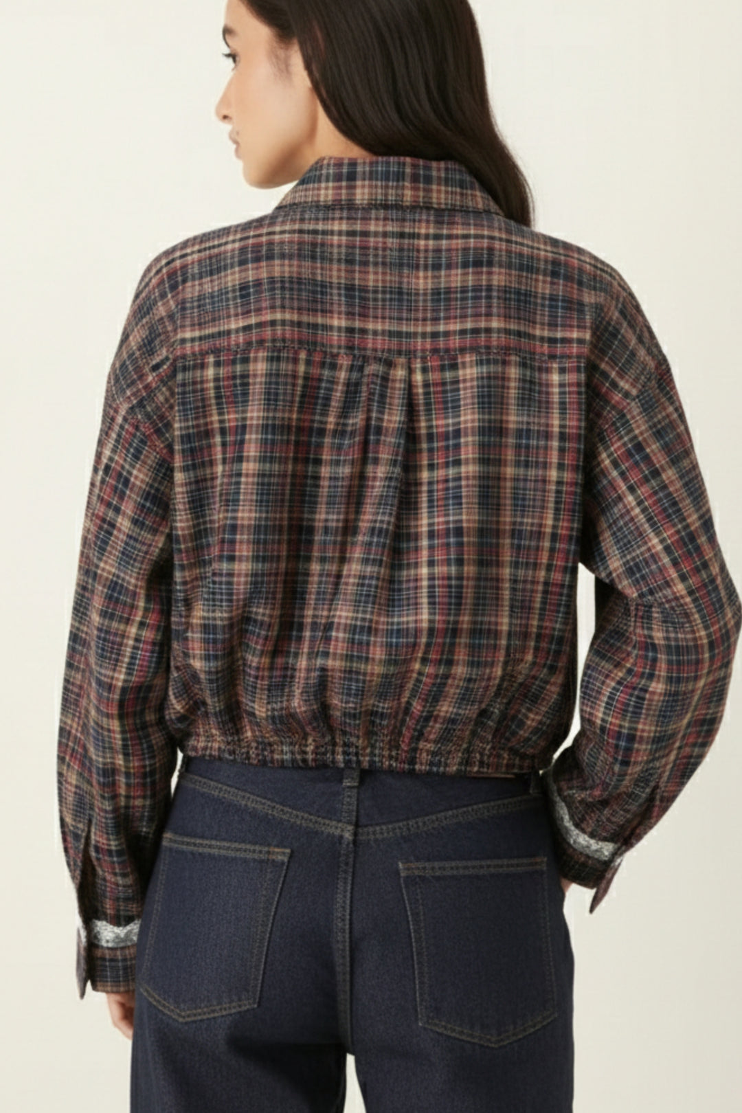 Rust Check Lace-Trim Cropped Shirt