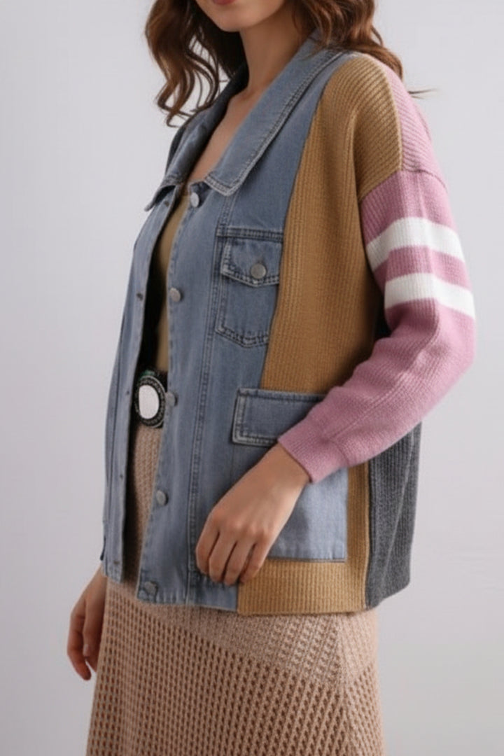 Colorblock Knit Sleeve Denim Shacket