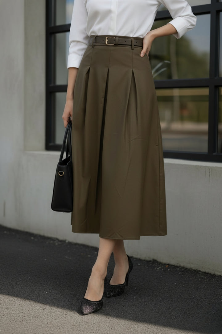 Elegance Box Pleated Faux Leather Skirt with Belt