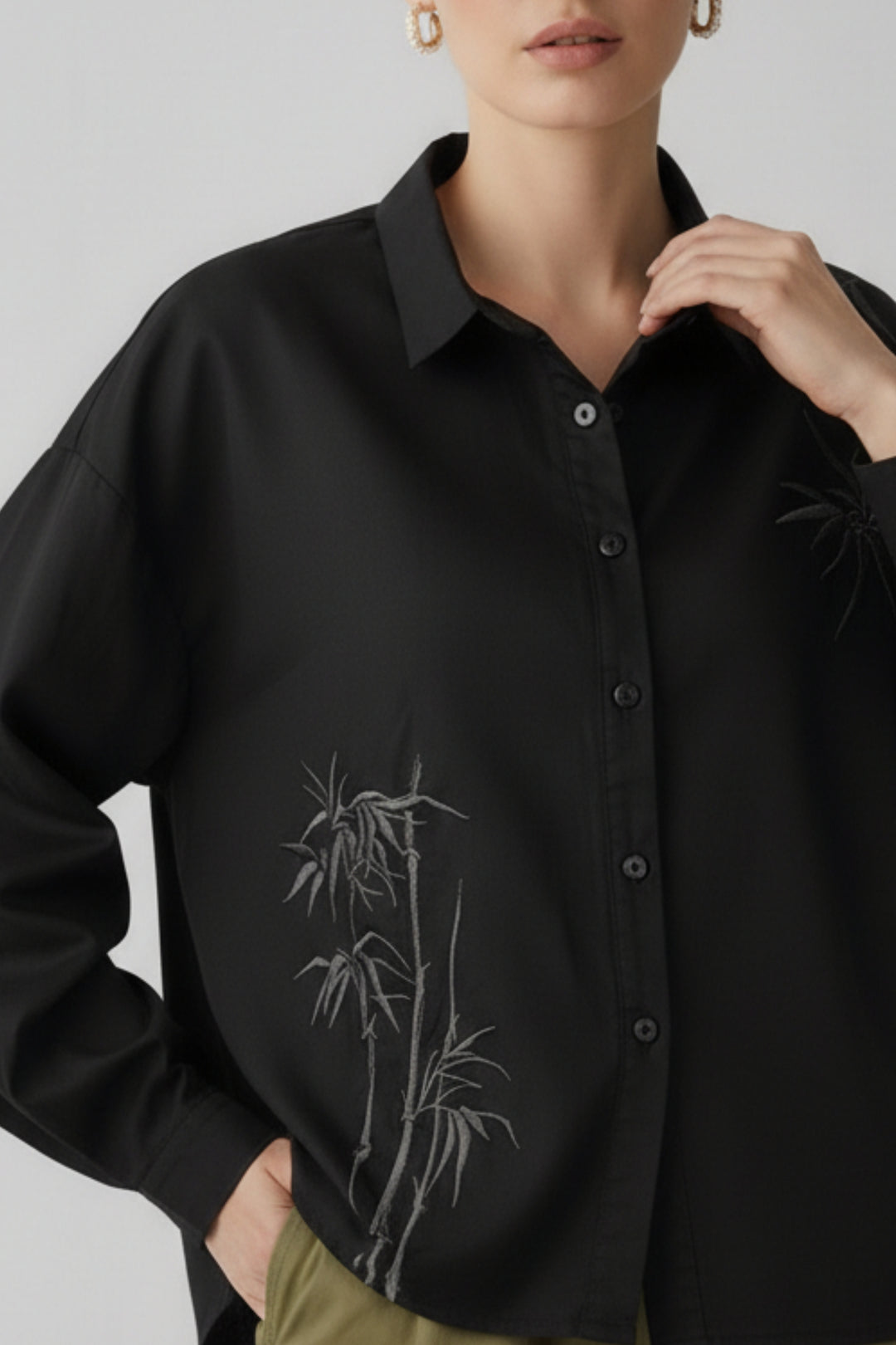 Black Cotton Shirt With Bamboo Embroidery