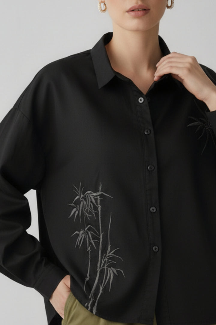 Black Cotton Shirt With Bamboo Embroidery