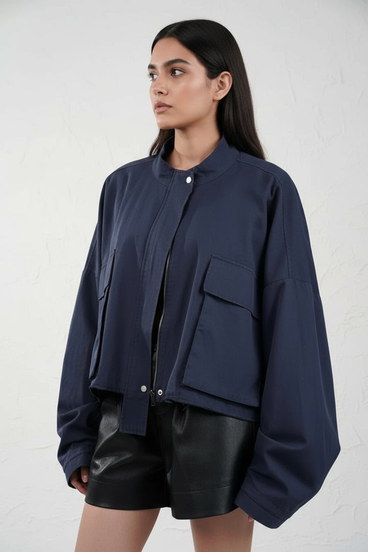 Dapper Navy Oversized Cropped Jacket
