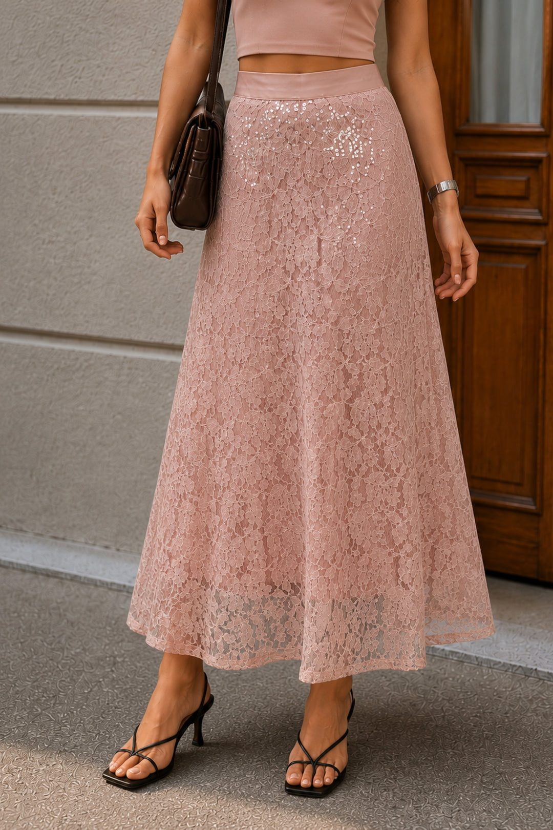 Blush Sequin Lace Skirt