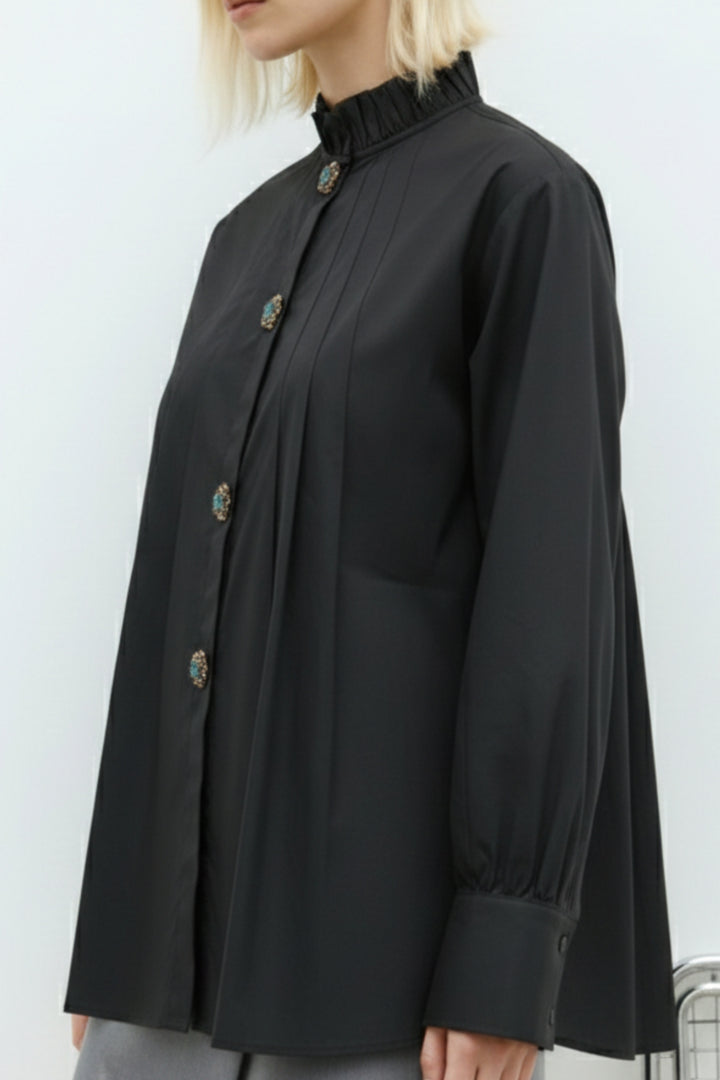 Black Jewel Ruffle-Neck Shirt