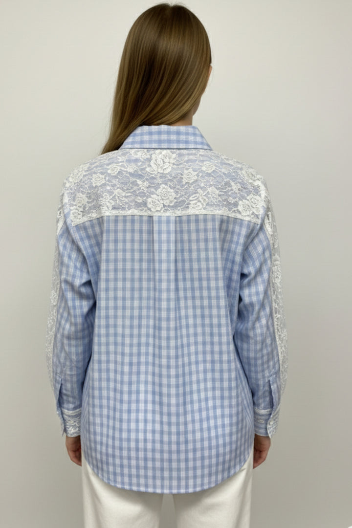 Powder Blue Check Floral Lace Shirt
