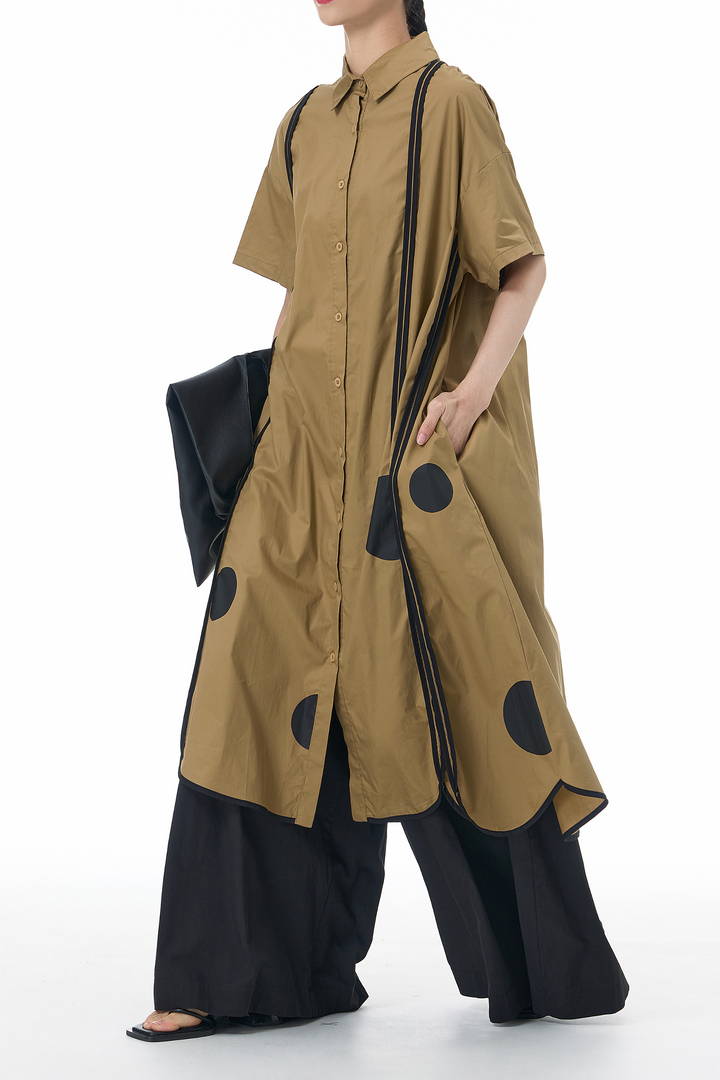 CAMEL PANEL DRESS WITH ASYMMETRICAL HEM